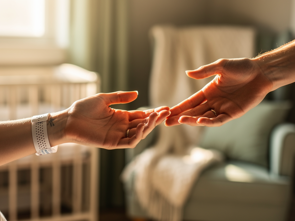 Two hands reaching towards each other in a gesture of support and connection, soft natural lighting creating a warm and hopeful atmosphere, symbolising the importance of reaching out for help