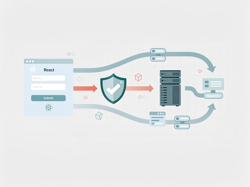 Architecture diagram showing data flow from React Hook Form through validation layer to Server Action, with arrows indicating client-side validation, form submission, server processing, and response handling, clean technical illustration style