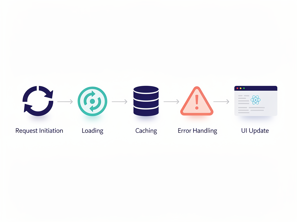 Flowchart showing data fetching lifecycle in React applications including request initiation, loading states, caching, error handling, and UI updates, with icons representing each stage in a clean process diagram style