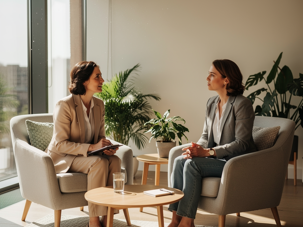 A therapist and client sitting in comfortable chairs facing each other in a bright, modern therapy room with plants and soft furnishings, engaged in thoughtful conversation, natural light streaming through large windows, conveying a supportive and professional therapeutic environment