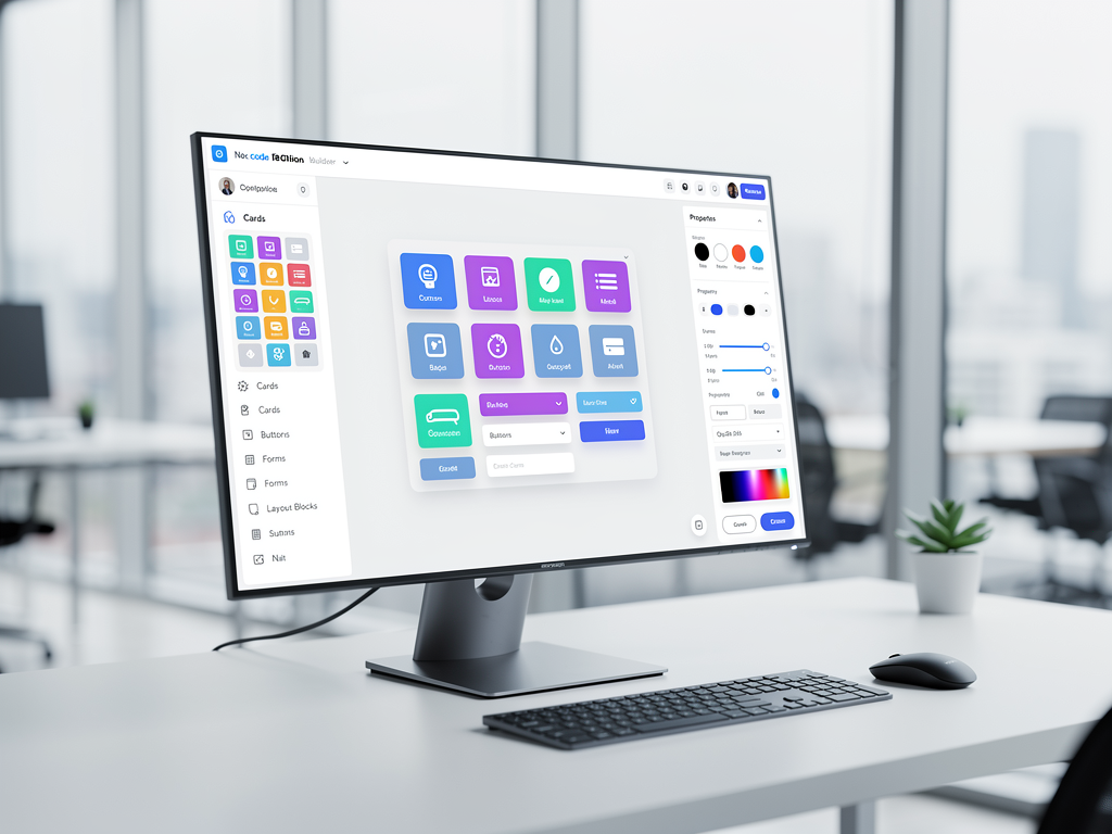 Modern dashboard interface showing a no-code web app builder platform with drag-and-drop components, a visual canvas in the center, and a properties panel on the right side, displayed on a large monitor in a bright office setting with soft natural lighting