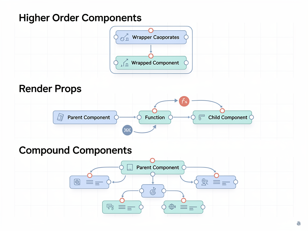 Diagram illustrating React component design patterns including HOCs, Render Props, and Compound Components, showing data flow arrows and component relationships in a clean infographic style with labeled sections and color-coded elements