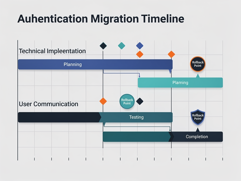 Migration timeline diagram showing phases from planning through completion, with parallel tracks for technical implementation and user communication, milestone markers for key checkpoints, and rollback points indicated, styled as a modern project management visualization