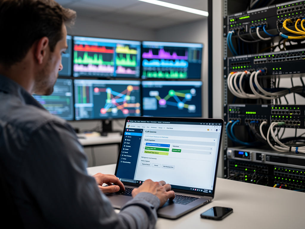 A network administrator configuring managed switches through a laptop interface, with multiple screens showing VLAN configurations and traffic monitoring graphs in a well-lit technical operations center