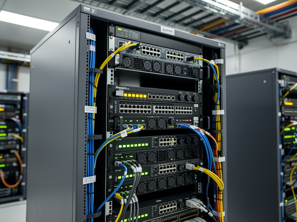 Redundant network switches in enterprise data center with dual power supplies and multiple fiber connections, organized cable runs with color-coded labeling, professional rack installation with proper airflow management