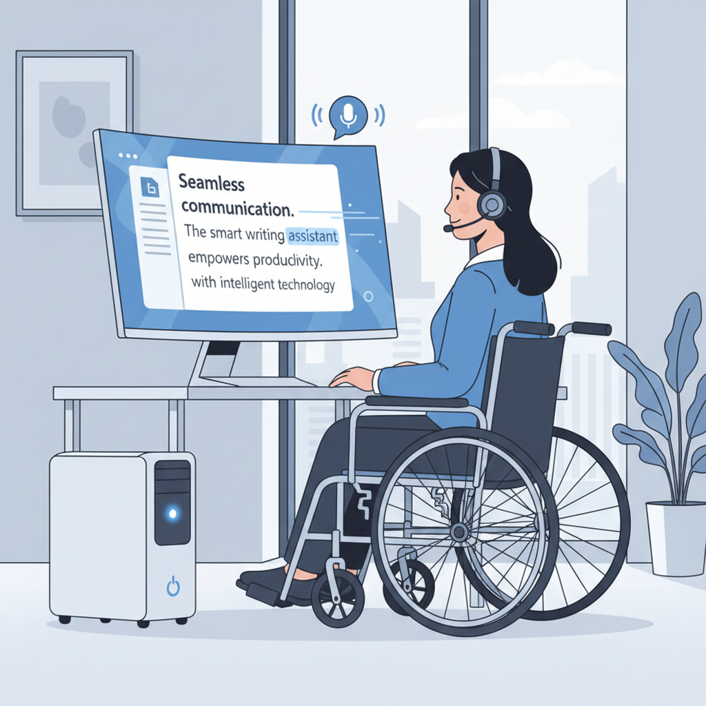 An illustration of a person with a disability using voice typing on a computer, with text appearing on the screen, emphasizing the accessibility benefits of smart writing assistants.