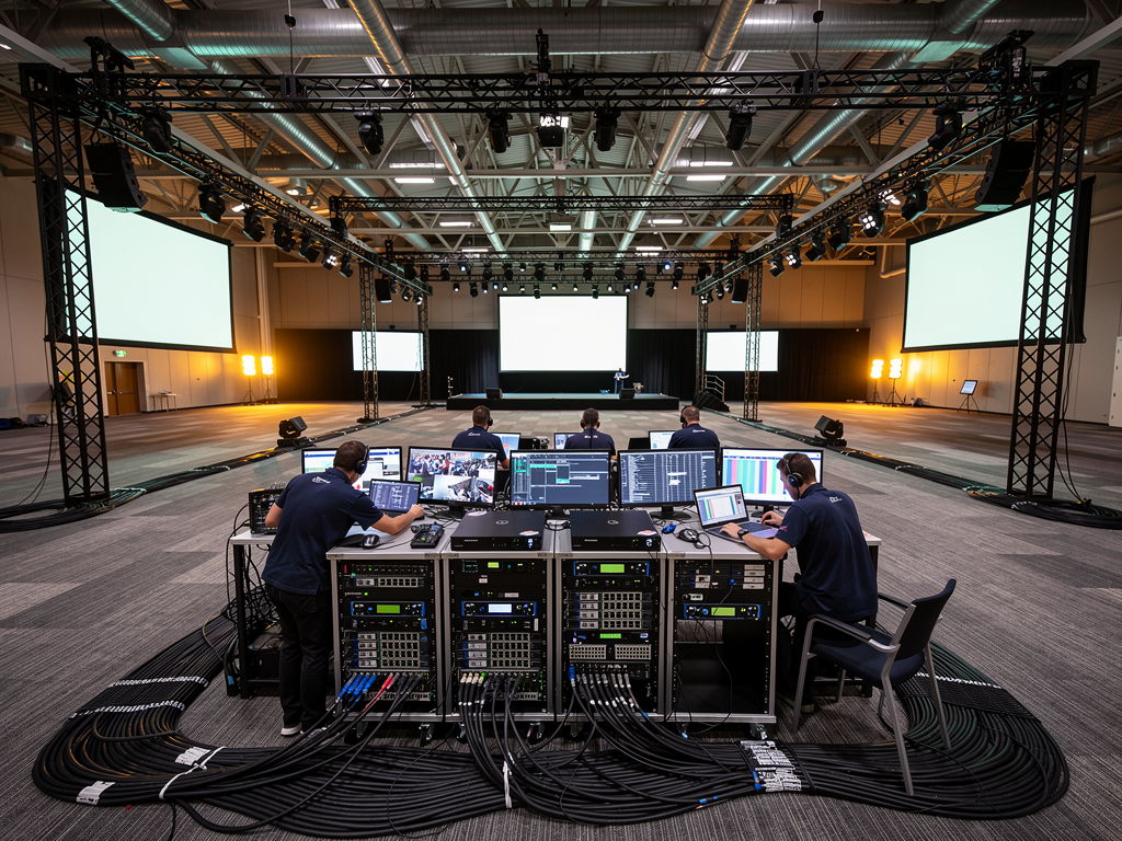 Large convention center ballroom during setup phase showing multiple projection screens, rigging with lighting equipment, and AV technicians configuring equipment at a central control position, expansive space with high ceilings and professional event infrastructure