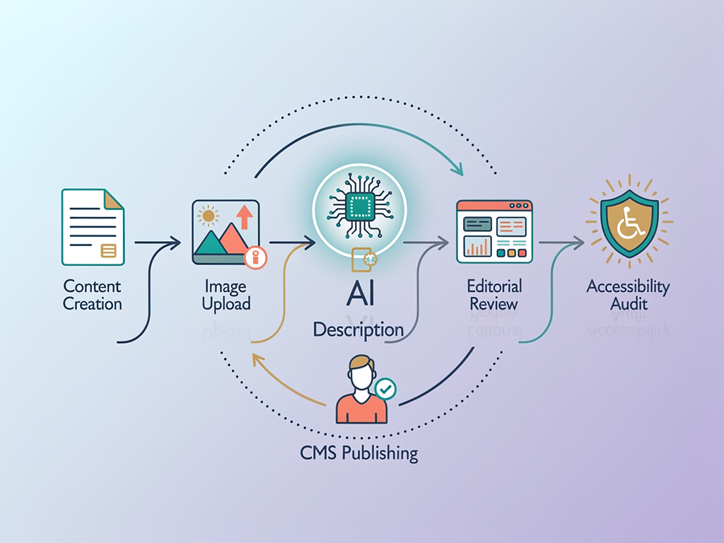 Flowchart diagram illustrating an automated content workflow with six connected steps: content creation, image upload, automatic AI alt text generation, editorial review, CMS publishing, and post-publication accessibility audit, with decision points and feedback loops indicated by arrows