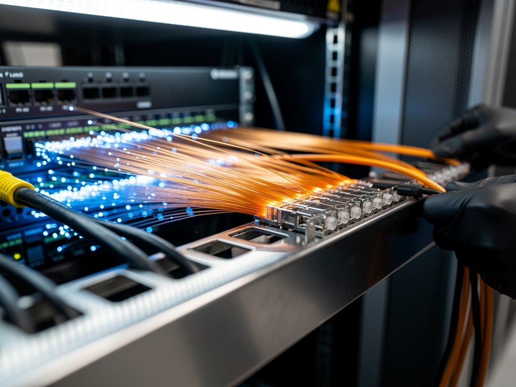 Close-up of fiber optic cables being installed in a cable tray, with blue and orange strands illuminated by installation lighting, demonstrating forward-thinking infrastructure investment