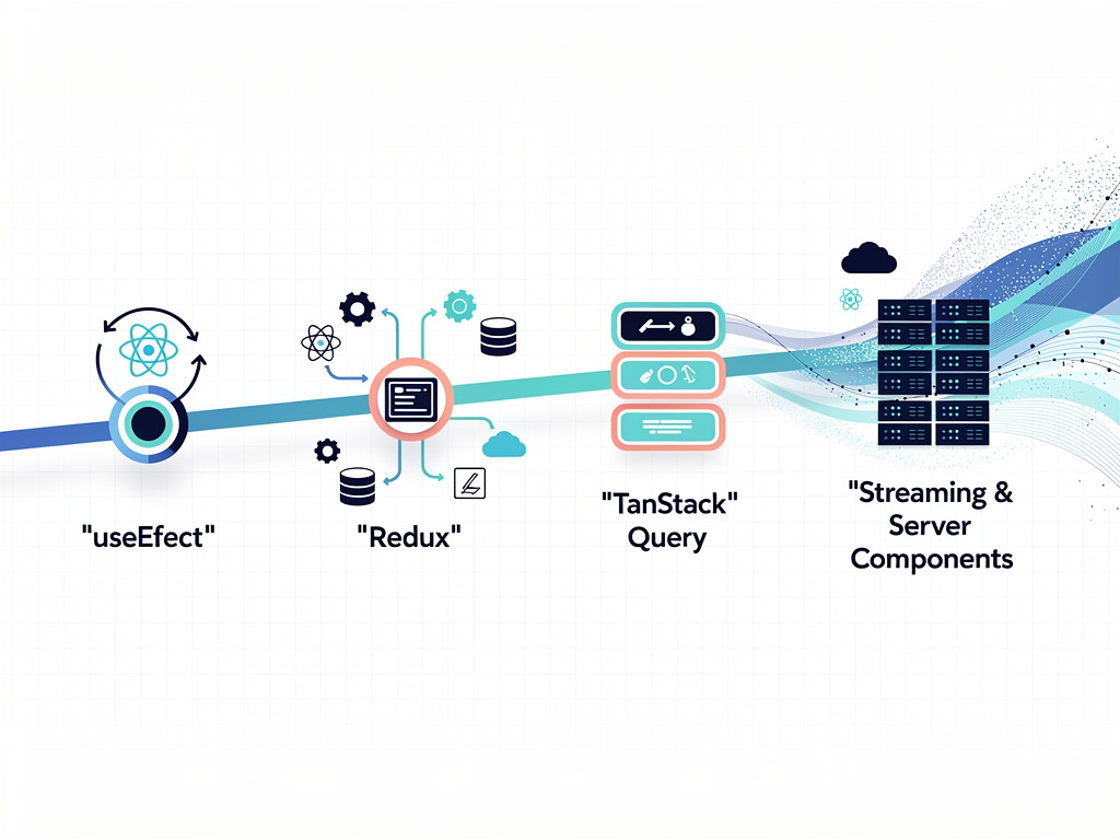 Roadmap-style infographic showing the evolution of data fetching in React applications from useEffect patterns through Redux to TanStack Query, with future considerations including React Server Components and streaming, using a horizontal timeline with milestone markers and clean iconography