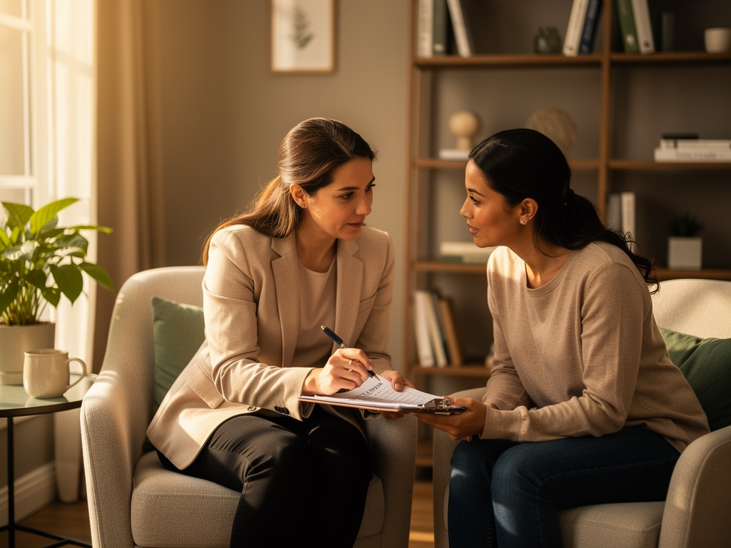 A therapist and client sitting together reviewing paperwork, engaged in collaborative discussion, with warm lighting and a professional yet comfortable office setting, conveying trust and therapeutic partnership