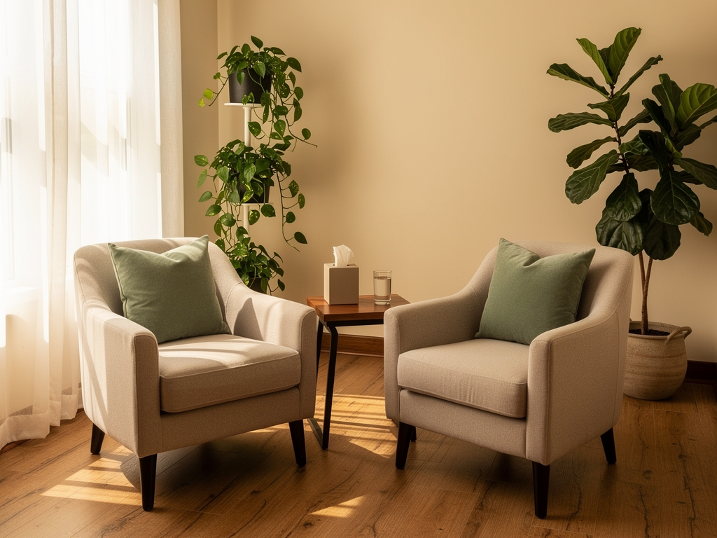 A professional therapy room with two comfortable chairs facing each other, warm natural lighting from a window, plants adding life to the space, creating an inviting and safe therapeutic environment