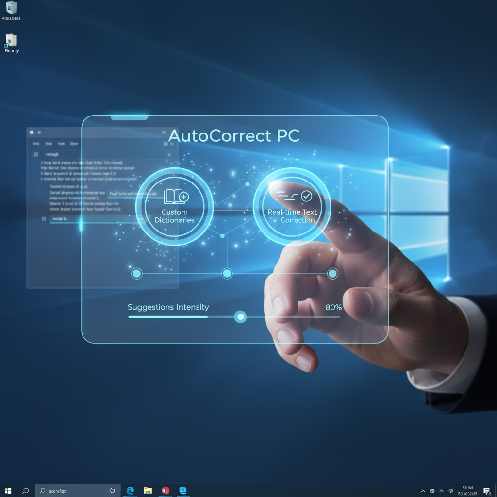 A user customizing the settings of AutoCorrect PC, specifically adding a new entry to the custom dictionary, with an open text editor in the background showing a previously corrected word.
