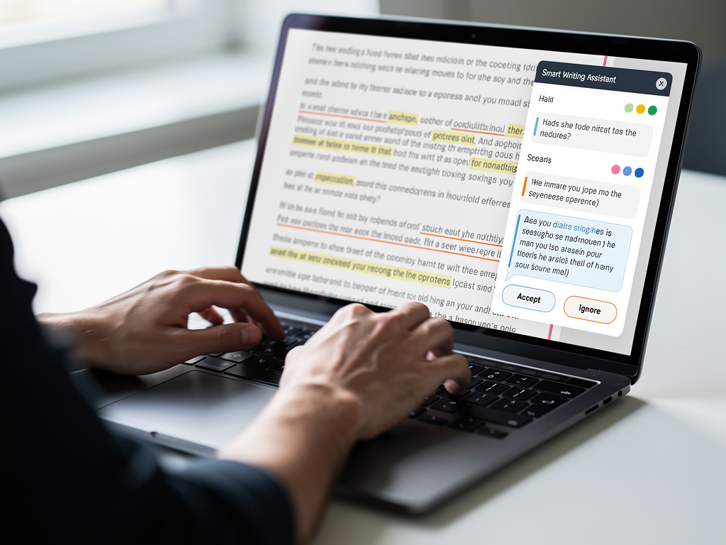 A person's hands typing quickly on a laptop keyboard, with a blurred screen showing text being corrected in real-time by a smart writing assistant overlay.