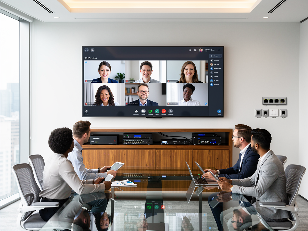 A modern conference room serving as an AVoIP pilot installation, featuring a large display showing a video conference, discrete AV equipment integrated into furniture, network wall plates visible, professional corporate environment demonstrating successful technology integration