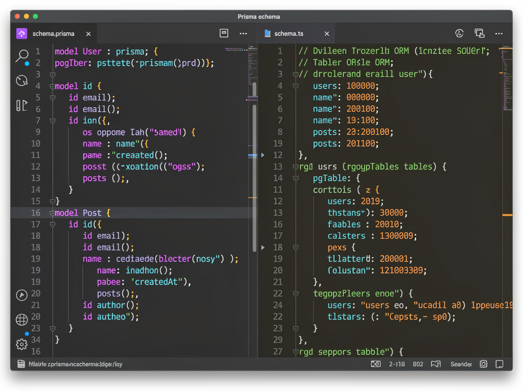 Split-screen code editor showing Prisma schema syntax on the left side with model definitions and Drizzle TypeScript schema on the right side, both defining the same user and post tables, with syntax highlighting in a modern dark IDE theme with line numbers visible