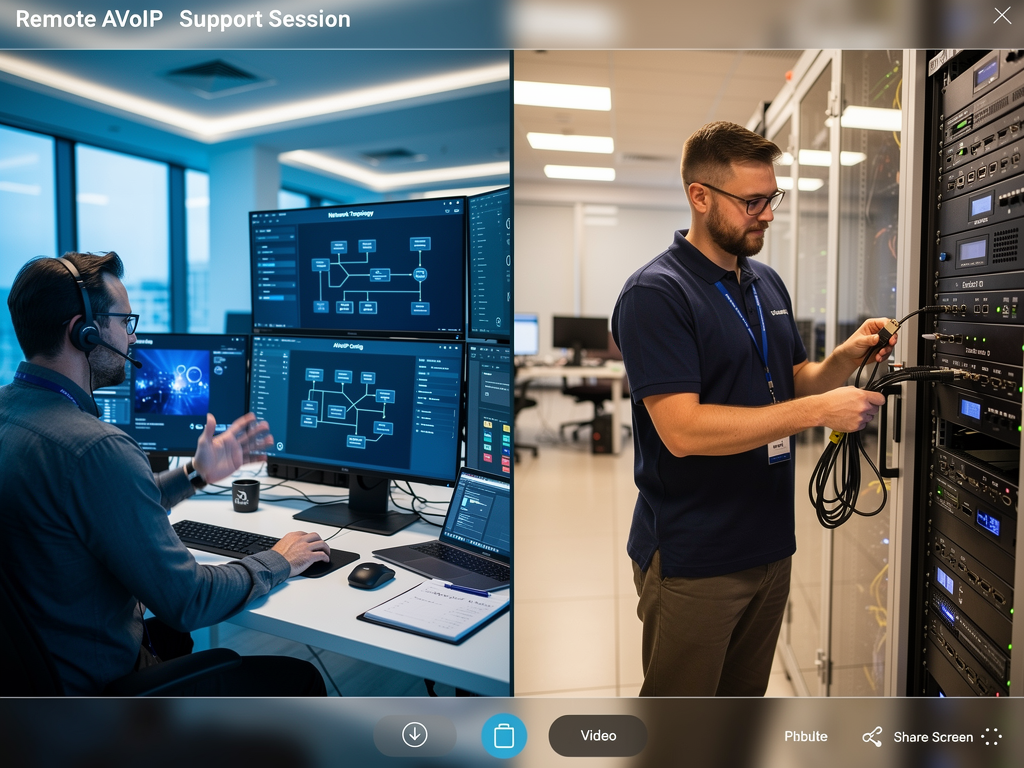 A technical support engineer providing remote assistance via video call, split screen showing both the support specialist and the on-site technician working on AVoIP equipment installation, professional collaboration demonstrating vendor partnership value