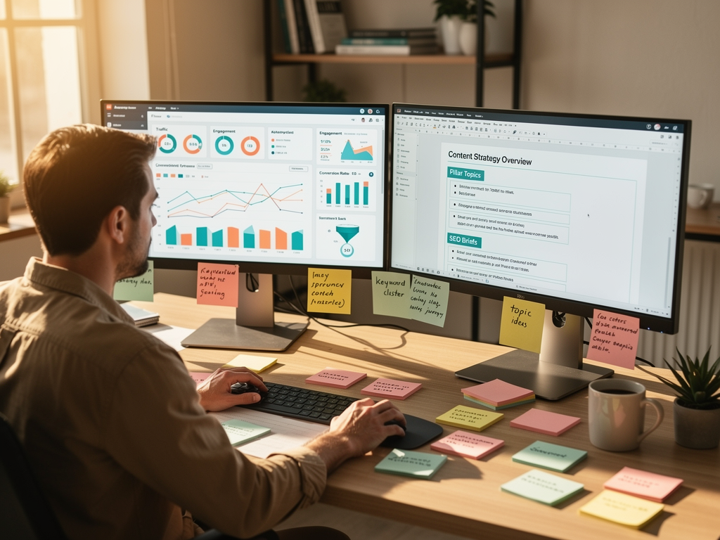 Content strategist working at a modern desk with dual monitors displaying analytics dashboards and content planning documents, surrounded by sticky notes with keyword research and content ideas, warm office lighting creating a productive atmosphere