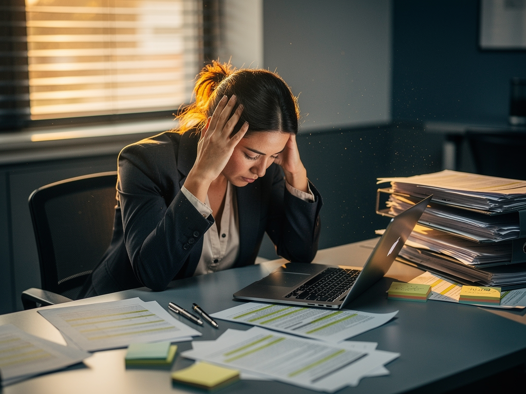 A professional woman sitting at a cluttered desk in a dimly lit office, head resting in her hands, papers scattered around her, warm afternoon light filtering through blinds creating shadows across the workspace, conveying exhaustion and overwhelm in a corporate environment