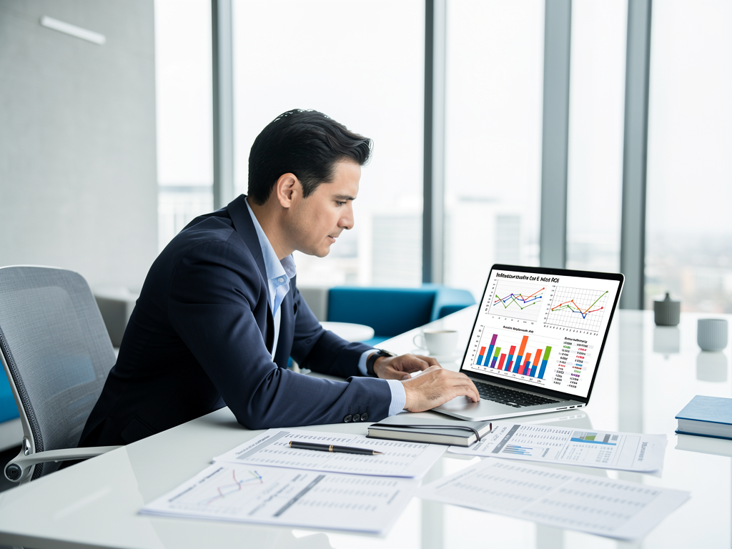 Financial analyst reviewing cost comparison spreadsheet on laptop in modern office setting, documents showing ROI calculations and infrastructure investment projections visible, professional business environment with charts and graphs displayed