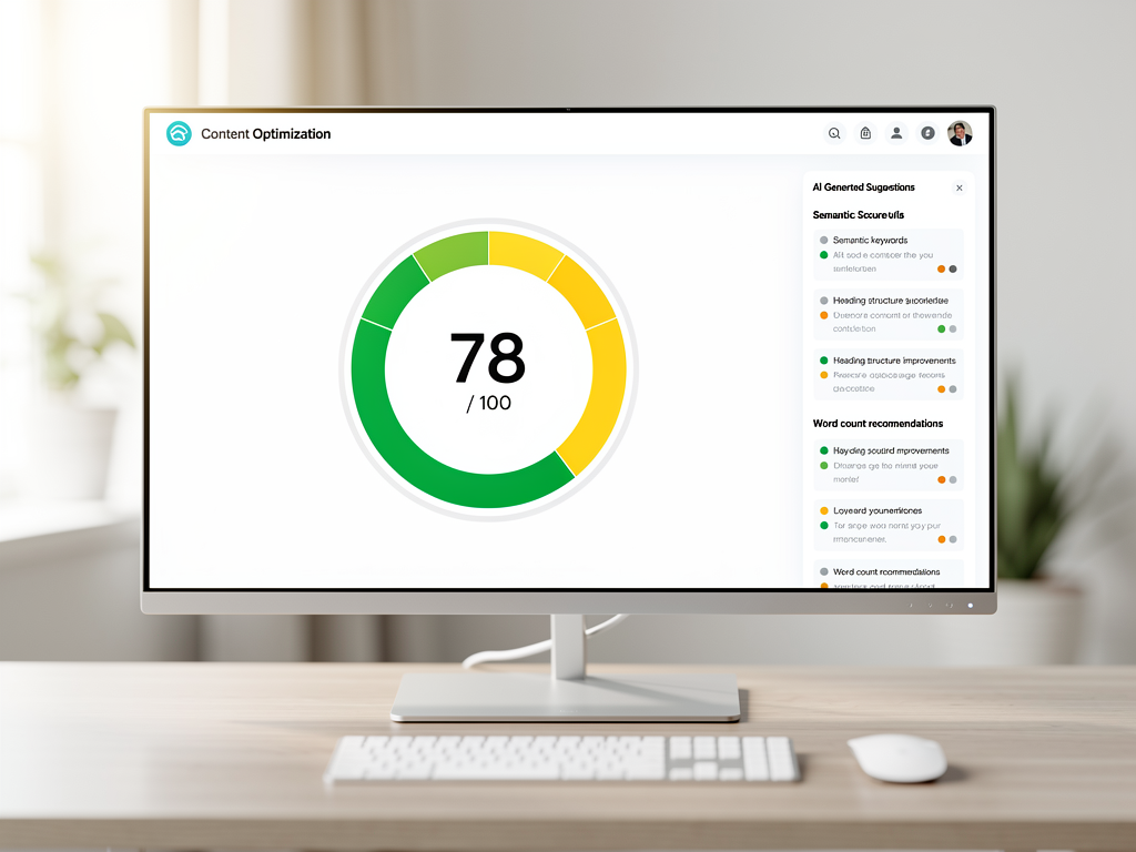Content optimization dashboard showing a content score of 78 out of 100, with highlighted suggestions for adding semantic keywords, improving heading structure, and increasing word count, displayed in a clean interface with green and yellow indicators