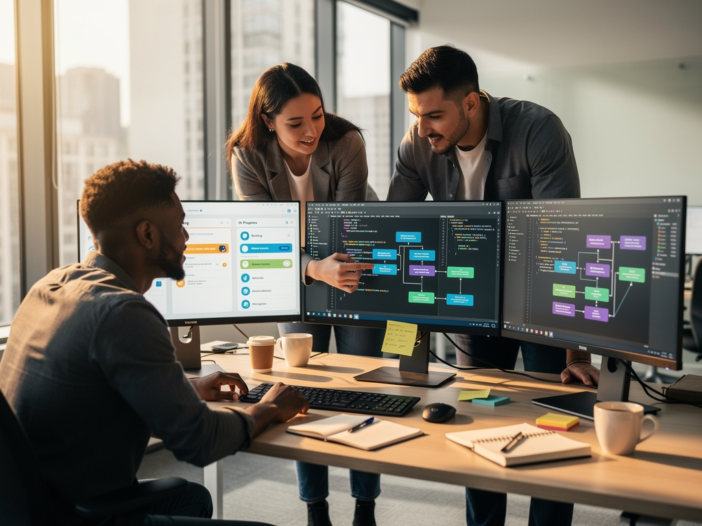 Development team collaboration scene showing three developers working together at a modern office with multiple screens displaying code, architecture diagrams, and project management tools, natural lighting from large windows, casual professional atmosphere