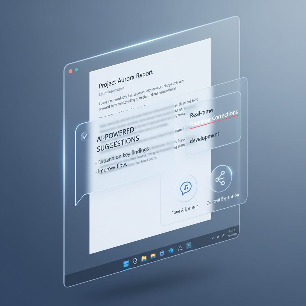 Futuristic interface showing AI-powered writing suggestions and real-time grammar corrections overlaying a document, with options for tone adjustment and content expansion