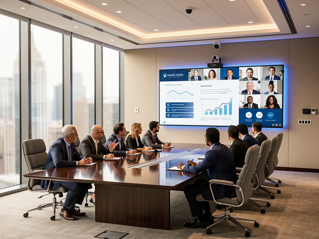 A completed modern boardroom featuring seamlessly integrated AVoIP technology with multiple displays showing collaborative content, executives engaged in a video conference, demonstrating successful integration outcomes