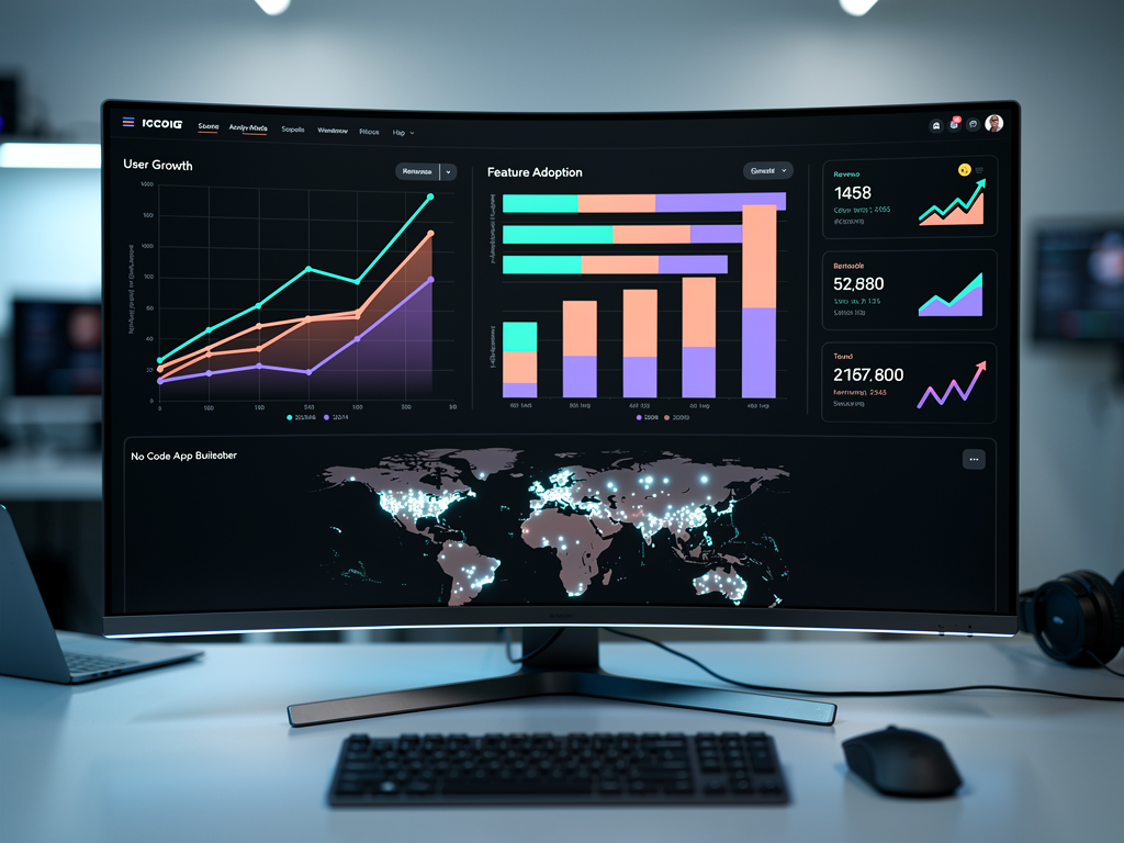 Analytics dashboard for a no-code platform showing user growth trends, feature adoption rates, revenue metrics, and geographic distribution of users. Multiple visualization types including line charts, bar graphs, and maps present comprehensive platform health and growth indicators.