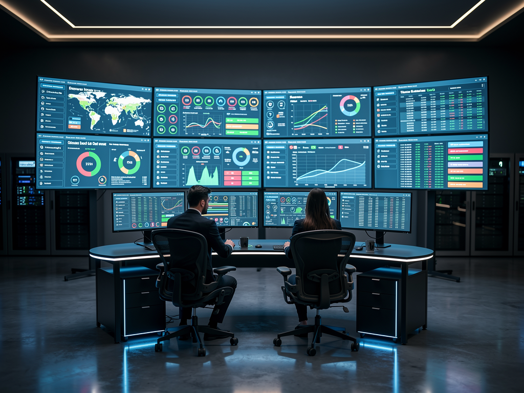 A security operations center with multiple monitors displaying network monitoring dashboards, AVoIP system status panels showing device health indicators, and security analysts reviewing alert notifications in a dimly lit professional environment