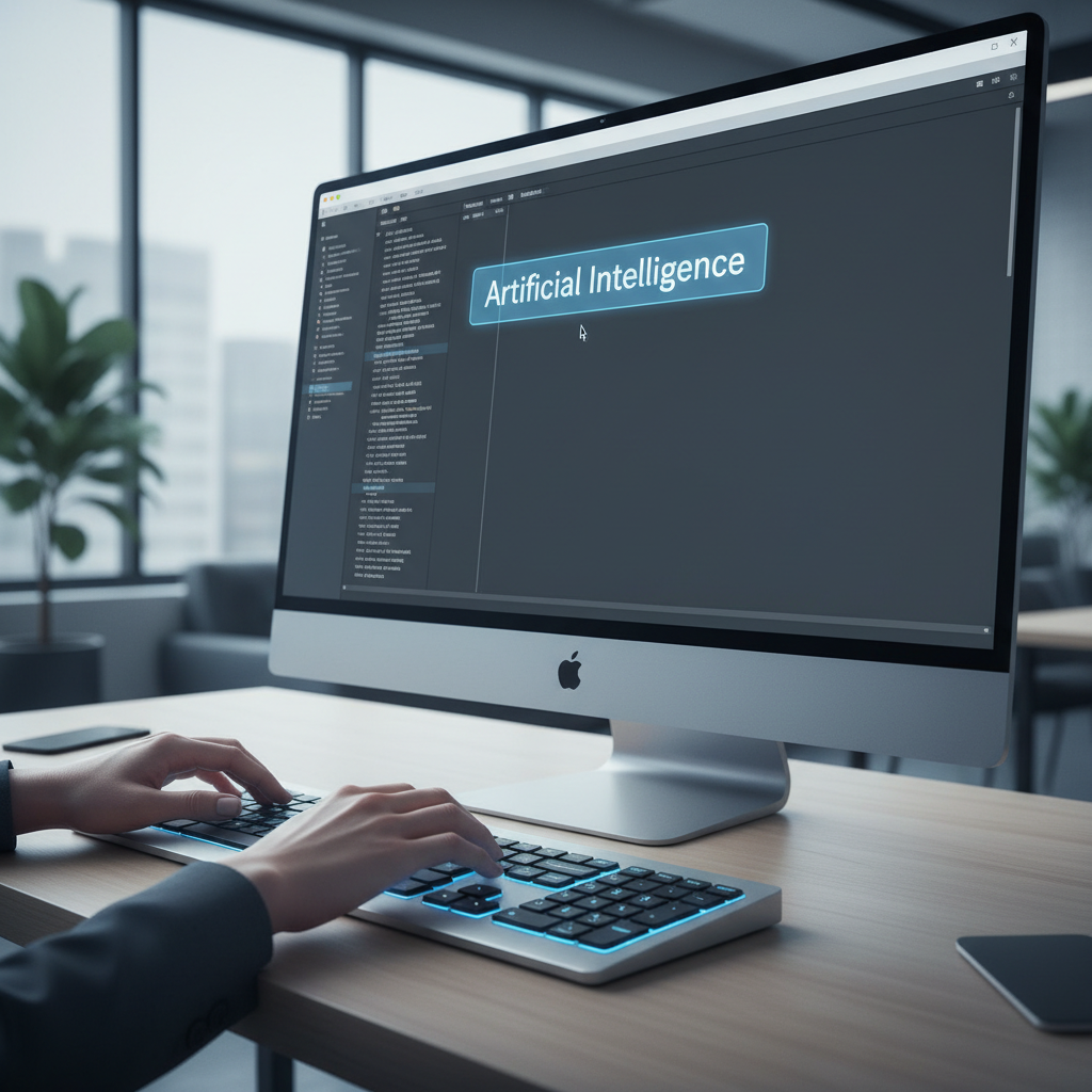 A person sitting at a desk, looking thoughtfully at a computer screen displaying a document. A thought bubble above their head contains a complex sentence, while the screen shows a simplified, AI-generated version, illustrating the AI writing feature.