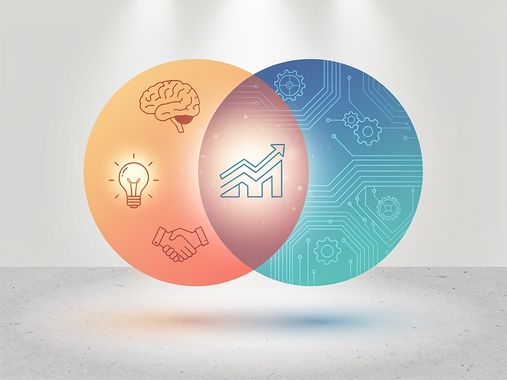 Venn diagram illustration showing the overlap between human capabilities like strategic thinking, creativity, and relationship building with AI capabilities like scale, consistency, and speed, with the intersection labeled as optimal SEO performance