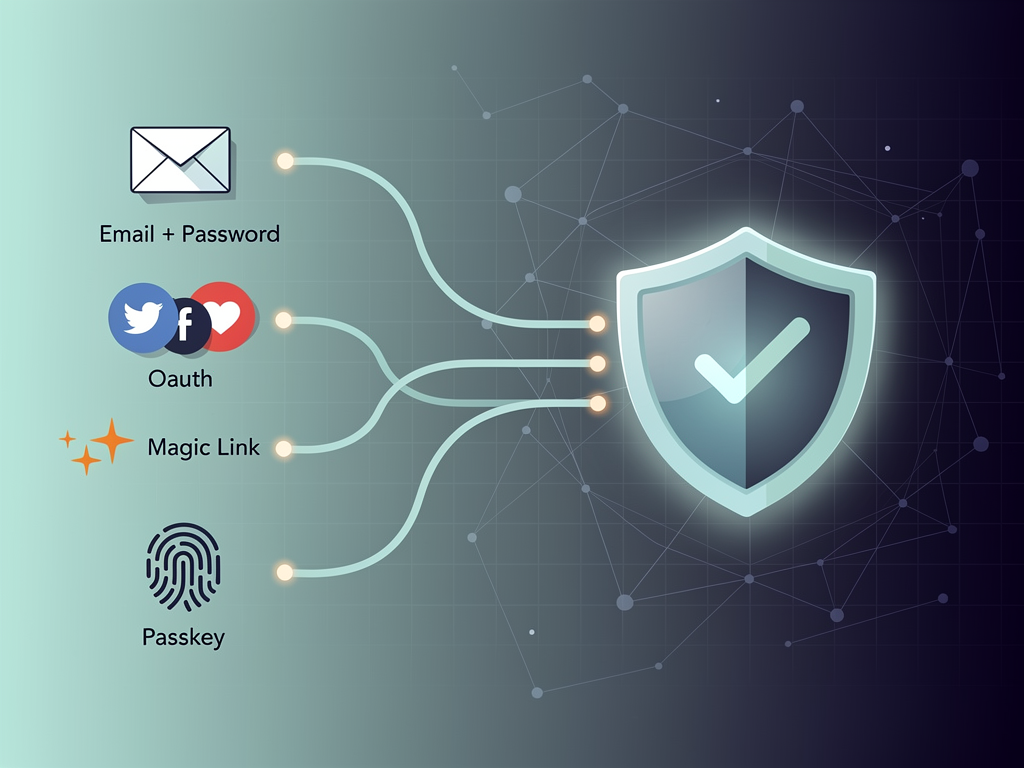 User authentication flow diagram showing multiple authentication methods including email password, OAuth social login, magic links, and passkey authentication, converging into a unified session management system, modern flat design illustration with security icons