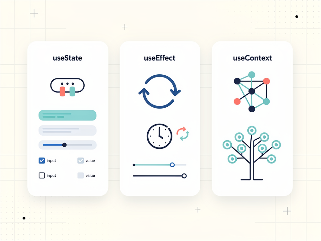 Visual comparison chart showing useState, useEffect, and useContext hooks with their primary use cases, dependency patterns, and common SaaS application scenarios, presented in a clean data visualization format with icons representing each hook type