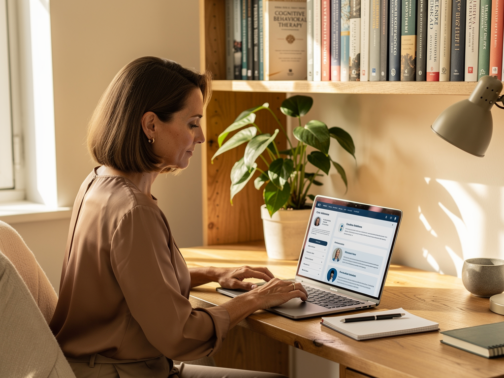 A professional woman in her forties sitting at a desk reviewing therapy credentials and certificates on her laptop computer, modern home office setting with bookshelves containing psychology textbooks, afternoon light creating a focused yet relaxed atmosphere