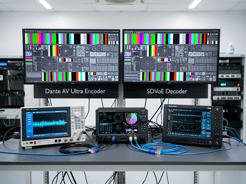 A side-by-side comparison setup in a testing laboratory showing two identical video displays, one connected via Dante AV Ultra and one via SDVoE, with measurement equipment and oscilloscopes visible on the workbench, bright clinical lighting illuminating the scene