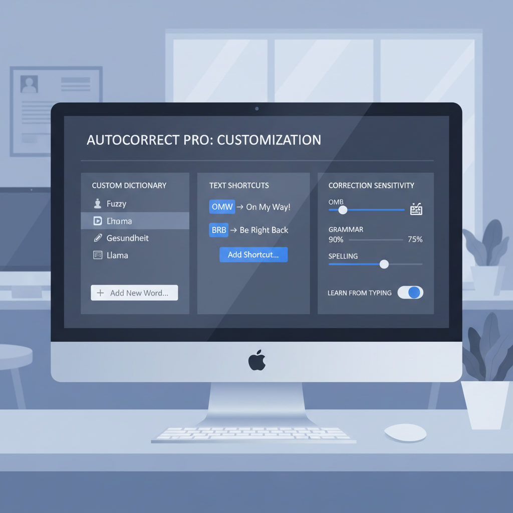 A user is shown customizing settings on a software interface, with options for adding custom words to a dictionary, creating text shortcuts, and adjusting grammar correction sensitivity, illustrating the personalized nature of modern writing assistants.
