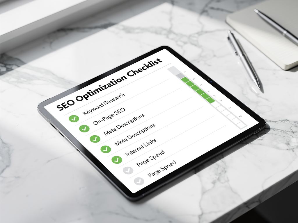 A detailed view of an SEO optimization checklist displayed on a tablet screen, showing completed items with green checkmarks including title tag optimization, meta description, header structure, internal links, and image alt text, clean white interface with progress indicators