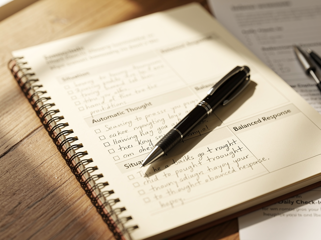 An open notebook with handwritten notes and a pen resting on a sunlit desk, papers showing thought records and reflective writing, representing the journaling work involved in CBT practice