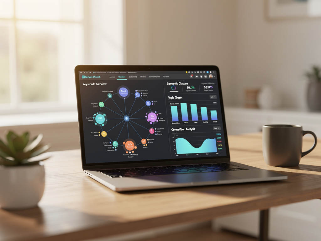 Screenshot of an AI-powered keyword research dashboard showing semantic keyword clusters, search intent analysis, competitive gap identification, and content opportunity scoring in a clean, modern interface design