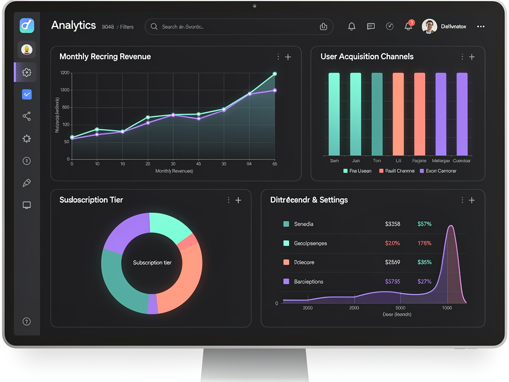 Modern SaaS analytics dashboard interface displaying multiple Chart.js visualizations including line graphs showing monthly recurring revenue trends, bar charts comparing user acquisition channels, and doughnut charts representing subscription tier distribution, all rendered with a clean dark theme and vibrant accent colors against a minimalist background