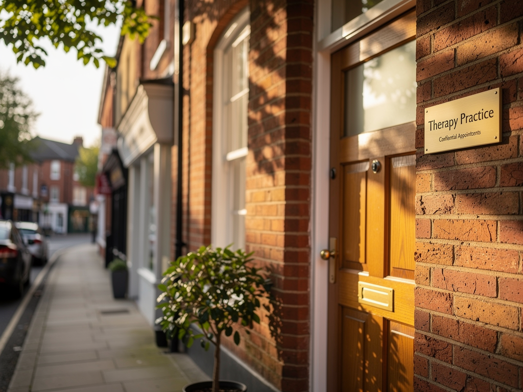 A professional therapist's office door with a discreet nameplate, located in a quiet UK high street setting, conveying accessibility and professionalism for those seeking mental health support in their local community