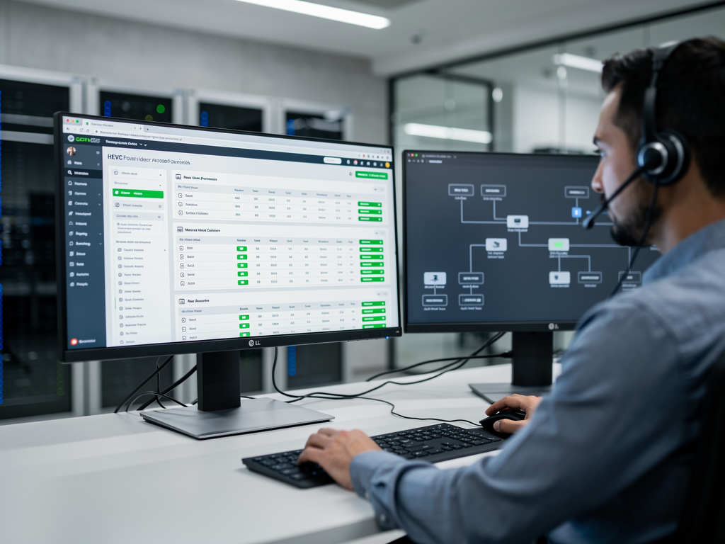 A professional IT administrator at a workstation configuring user permissions on a management interface, multiple browser windows showing device dashboards, secure office environment with privacy screens on monitors