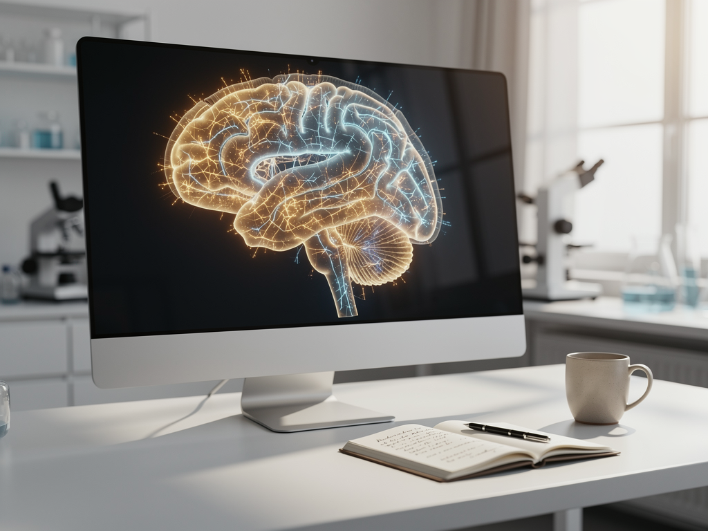 A stylised illustration of a brain with highlighted neural pathways, displayed on a computer screen in a modern research setting, suggesting the scientific understanding of how OCD affects brain function and how treatment creates positive changes