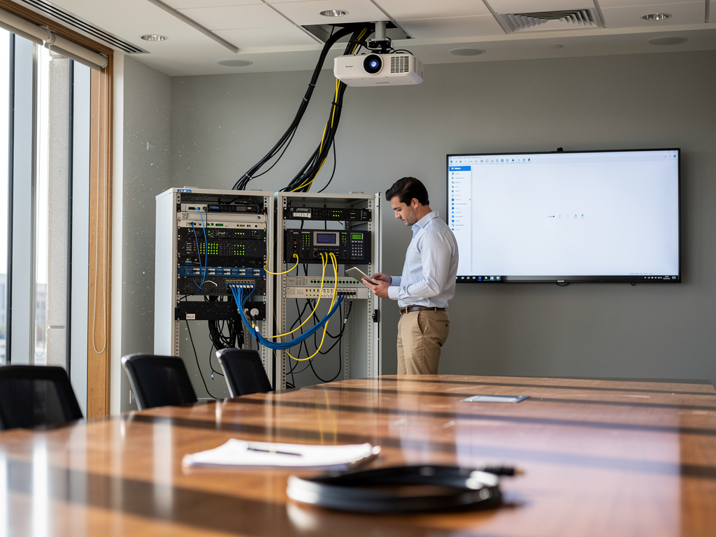 A modern conference room showcasing hybrid AV integration with a traditional ceiling-mounted projector alongside a large format display, both receiving content through a combination of legacy cabling and network infrastructure, bathed in natural daylight from floor-to-ceiling windows
