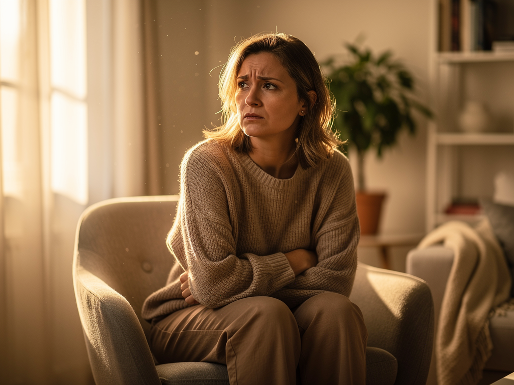 A person sitting alone in a softly lit living room, looking contemplative and slightly frustrated, with crossed arms and a distant expression, warm natural lighting streaming through a window, creating a reflective and emotionally complex atmosphere