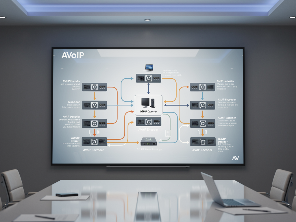 A network diagram displayed on a large wall-mounted screen in a corporate IT planning room showing multicast traffic flows between AVoIP encoders and decoders with IGMP querier placement highlighted, featuring clean professional graphics and annotation markers