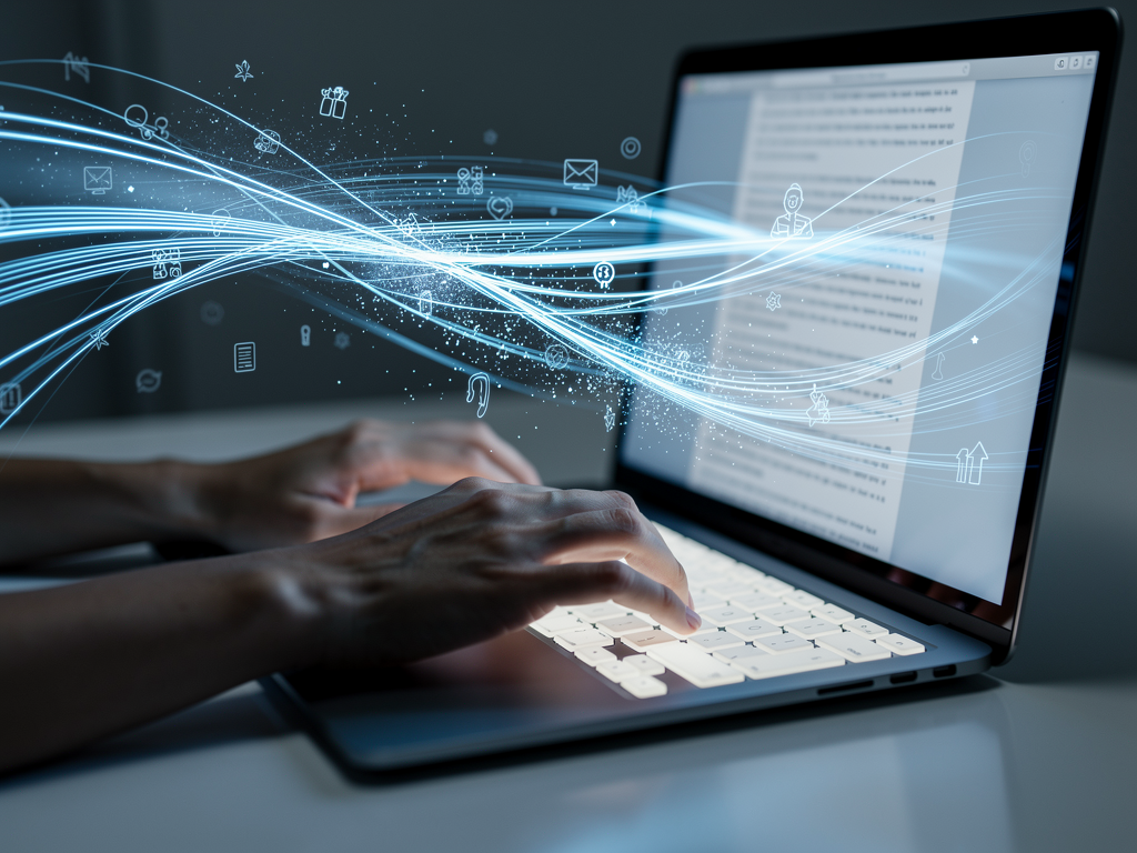 A person's hands typing rapidly on a modern laptop keyboard, with glowing blue lines illustrating the flow of text and ideas across the screen.