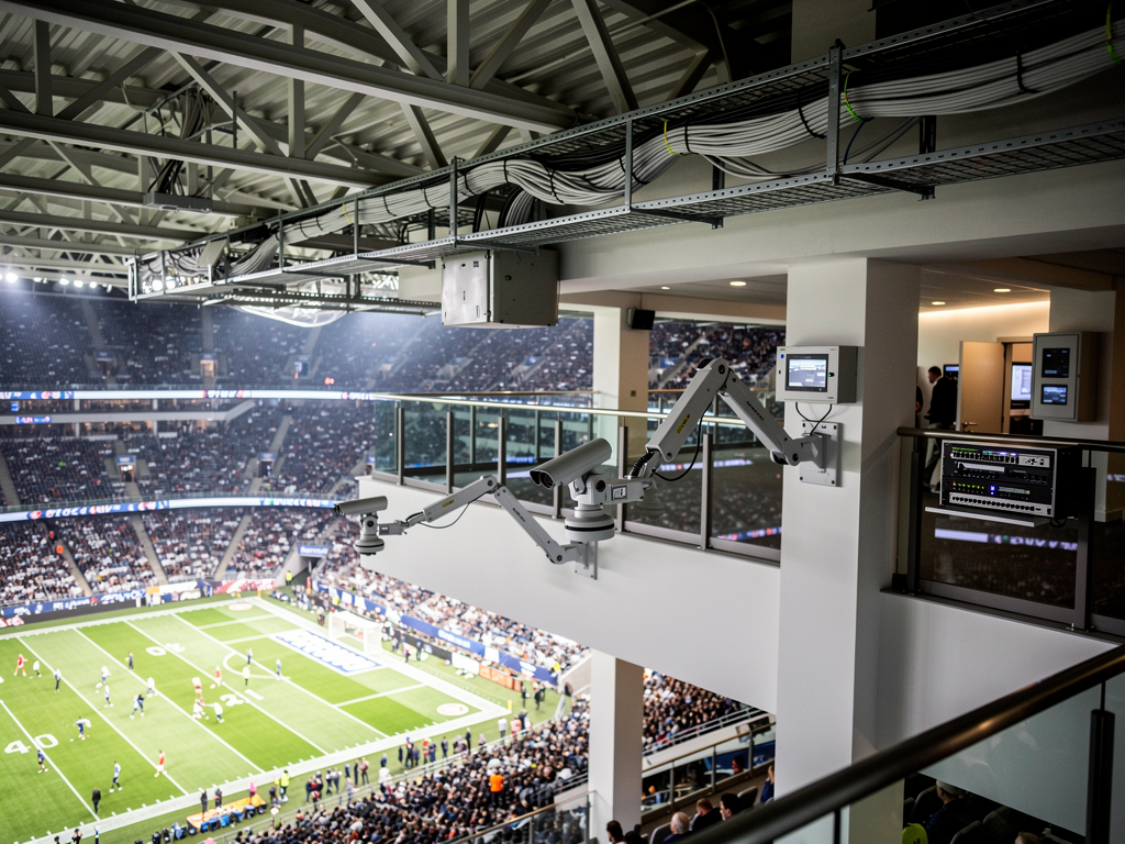 Athletes competing in a stadium equipped with visible AVoIP camera positions and network infrastructure. The modern venue showcases how technology integrates seamlessly with sporting environments to capture every moment of the action.