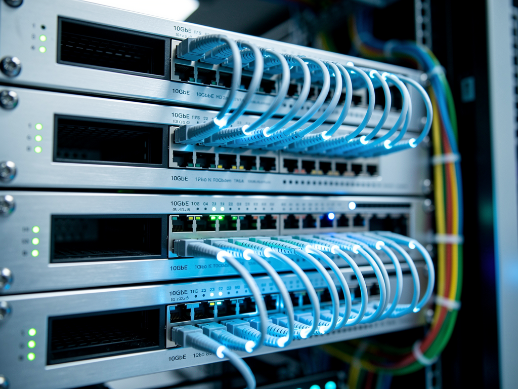 Close-up view of enterprise-grade network switches with fiber optic cables glowing blue in a climate-controlled server room, showing multiple 10GbE ports actively transmitting data
